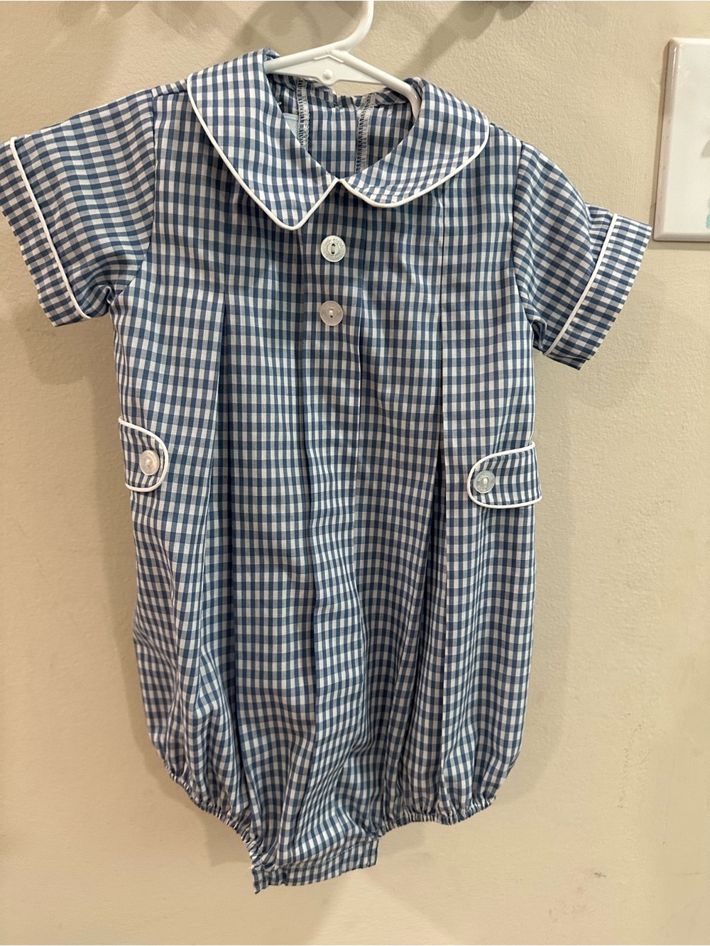 Little English Blue and White Gingham Baby Romper NWT